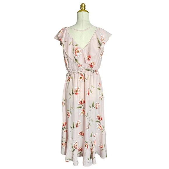 Soprano Women’s Pink Floral Asymmetrical Ruffle Trim Wrap Flowy Fairy Dress Sz L - Picture 4 of 8